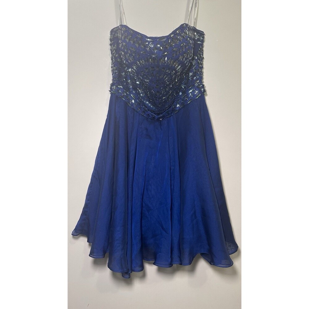 Sherri Hill Strapless Dress Navy Blue Beaded Chiffon 8 Pageant Prom Homecoming